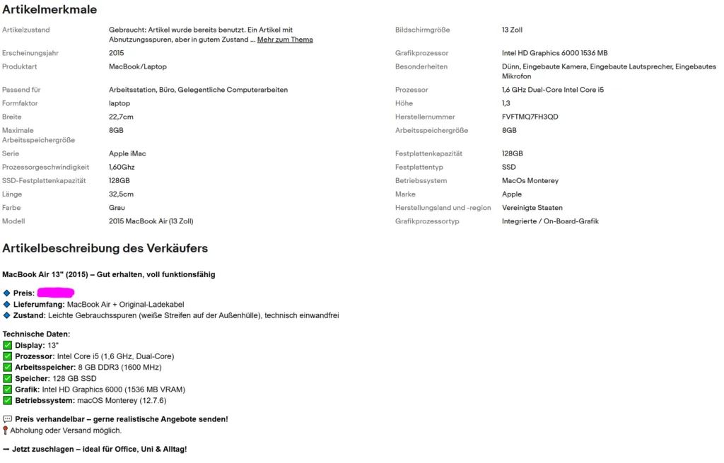 Artikelmerkmale eines Notebboks in einem Screenshot